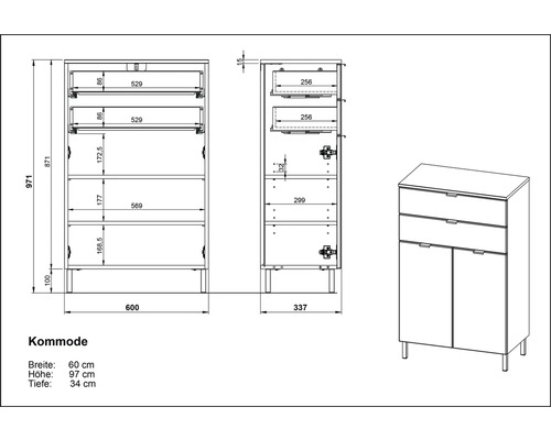 Technický nákres komody so zásuvkami a dvierkami vrátane rozmerov.