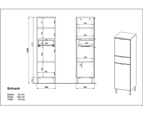 Technický nákres skrine s rozmermi