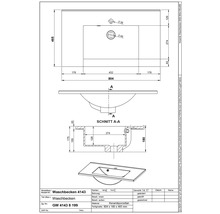 Technický nákres keramického umývadla s rozmermi 804 x 180 x 465 milimetrov.