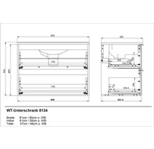Technický nákres skrinky pod umývadlo s rozmermi