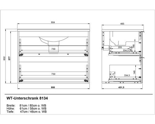 Technický nákres skrinky pod umývadlo s rozmermi
