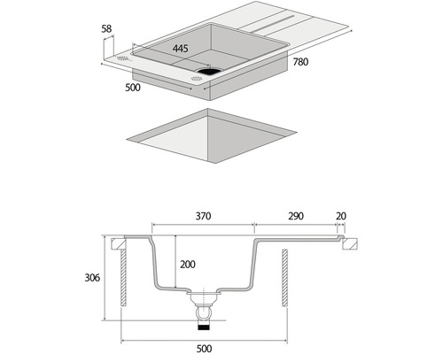 Technický nákres drezu s rozmermi.