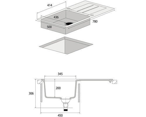 Technický nákres drezu s odkvapkávacou plochou a rozmermi