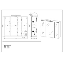 Technický výkres zrkadlovej skrinky s rozmermi