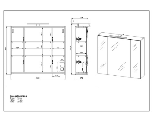 Technický výkres zrkadlovej skrinky s rozmermi