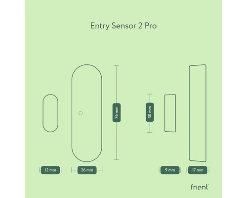 Rozmery Entry Sensor 2 Pro od spoločnosti frient: 12 mm, 26 mm, 76 mm, 9 mm, 30 mm, 17 mm