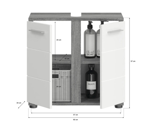 Skrinka pod umývadlo s dvomi otvorenými dvierkami, policami, košom a fľašami