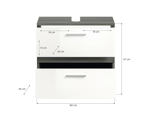 Skrinka pod umývadlo s dvoma zásuvkami a rozmermi.