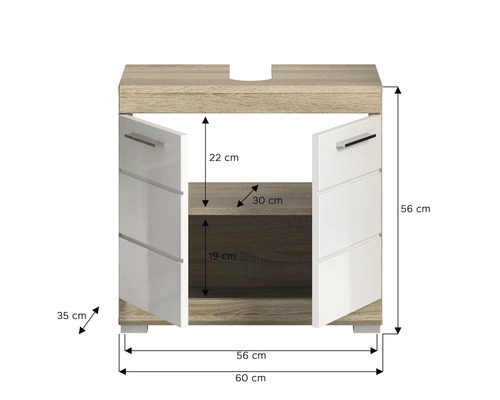 Skrinka pod umývadlo s otvorenými dvierkami a rozmermi.
