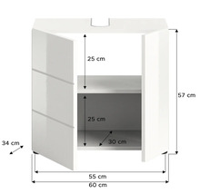Obrázok kúpeľňovej skrinky s rozmermi 57, 30, 25, 34, 55 a 60 centimetrov.