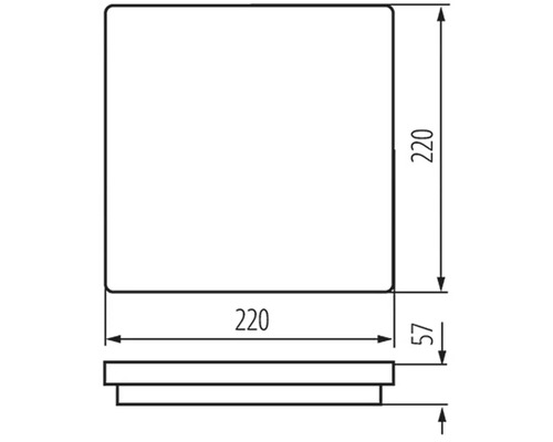 Technický nákres štvorcového objektu s rozmermi 220 x 220 x 57
