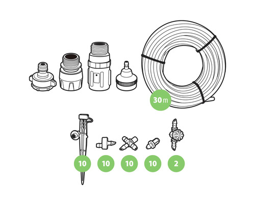 Zavlažovacia súprava s hadicou, spojkami a kvapkadlami