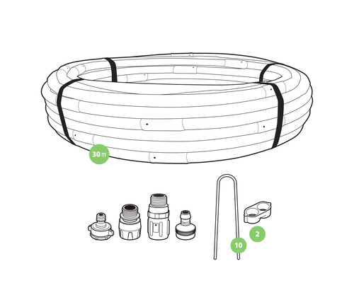 30-metrová zavlažovacia hadica s konektormi a držiakmi