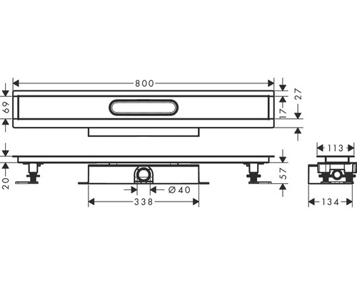 Technický nákres sprchového žľabu s rozmermi