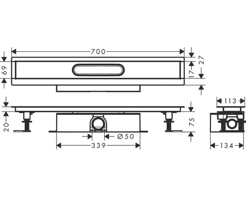 Technický nákres sprchového žľabu s rozmermi