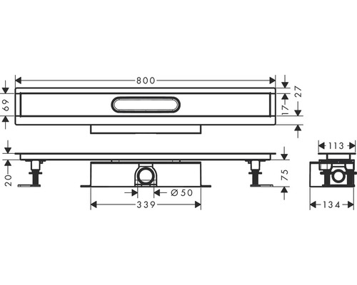 Technický nákres sprchového žľabu s rozmermi