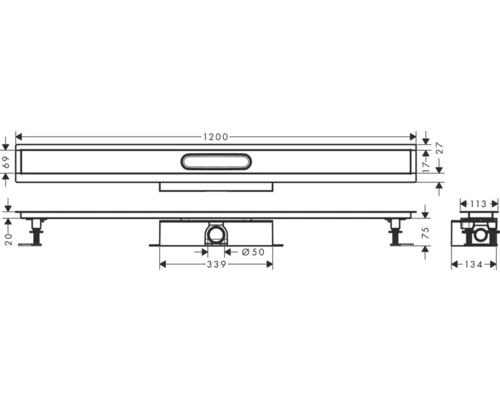 Technický výkres sprchového žľabu s rozmermi.