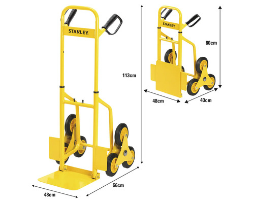 Schodiskový vozík Stanley s rozmermi 113 cm na výšku, 48 cm na šírku a 66 cm do hĺbky