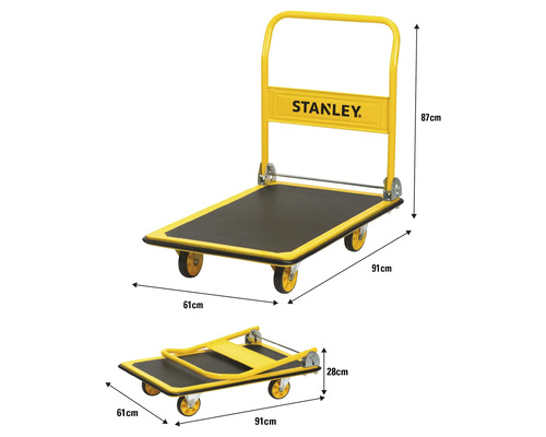Transportný vozík Stanley s rozmermi 91 x 61 centimetrov v rozloženom a zloženom stave.