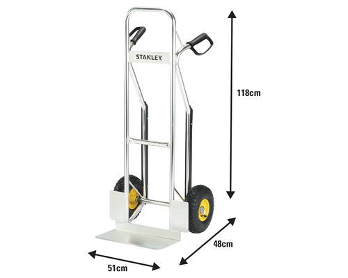 Vozík na vrecká Stanley s rozmermi 118 cm na výšku, 48 cm do hĺbky a 51 cm na šírku.