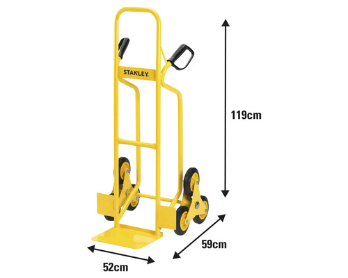 Žltý schodiskový vozík Stanley s rozmermi 119 cm výška, 52 cm šírka a 59 cm hĺbka.