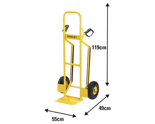 Vozík na vrecia Stanley s rozmermi 119 cm na výšku, 55 cm na šírku a 49 cm do hĺbky.