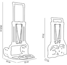 Technický nákres prepravného vozíka s rozmermi 106,8 cm na výšku a 52 cm na šírku a zloženého vozíka s rozmermi 79 cm na výšku a 7,1 cm na šírku.