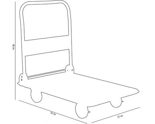 Ručný vozík s rozmermi 86 cm výška, 91 cm dĺžka a 61 cm šírka.