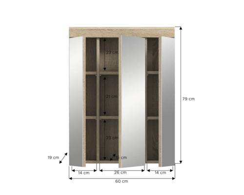 Rozmery zrkadlovej skrinky s otvorenými dvierkami a vnútornými priehradkami