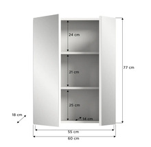 Obrázok bielej kúpeľňovej skrinky s rozmermi 77 cm výška, 60 cm šírka a 18 cm hĺbka.