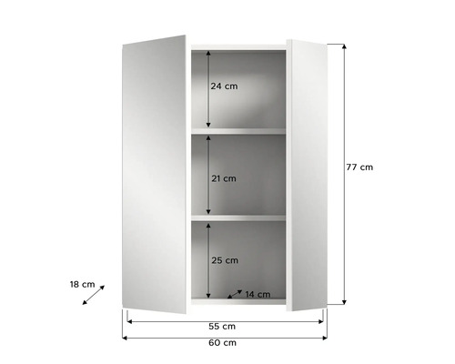 Obrázok bielej kúpeľňovej skrinky s rozmermi 77 cm výška, 60 cm šírka a 18 cm hĺbka.