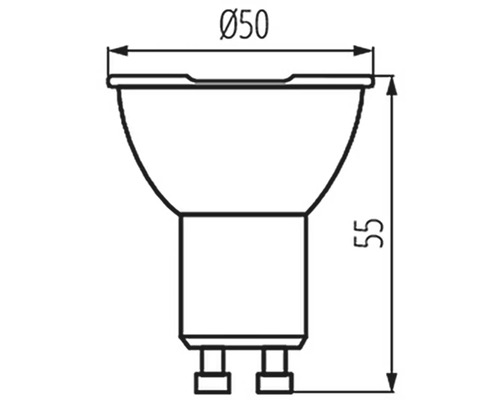 Technický výkres svietidla GU10 s rozmermi 50 milimetrov v priemere a 55 milimetrov na výšku.