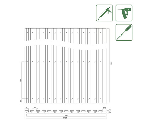 Technický nákres zásteny pre súkromie s rozmermi