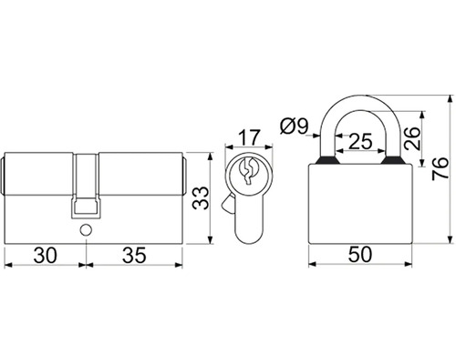 Technický nákres cylindrickej vložky a visiaceho zámku s rozmermi