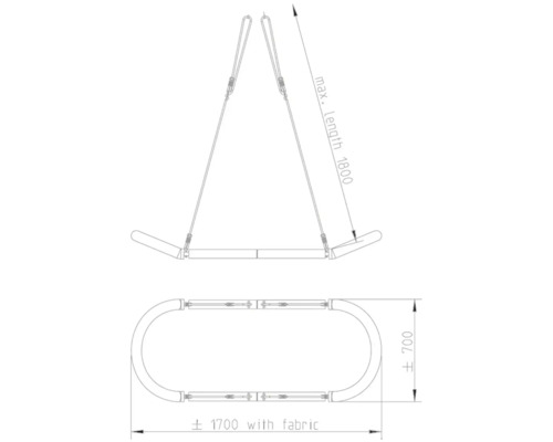 Technický nákres hojdacej siete s rozmermi