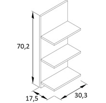 Nákres regálového systému s tromi policami a rozmermi