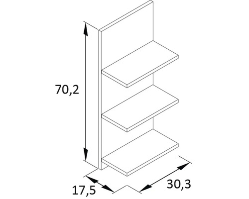 Nákres regálového systému s tromi policami a rozmermi