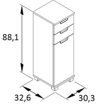 Technický nákres komody s tromi zásuvkami s rozmermi 88,1 x 32,6 x 30,3 centimetrov.