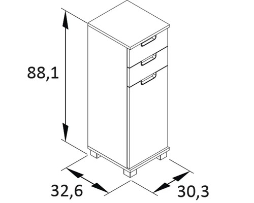 Technický nákres komody s tromi zásuvkami s rozmermi 88,1 x 32,6 x 30,3 centimetrov.
