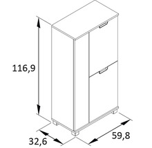 Technický nákres skrinky na topánky s rozmermi 116,9 x 59,8 x 32,6 cm.