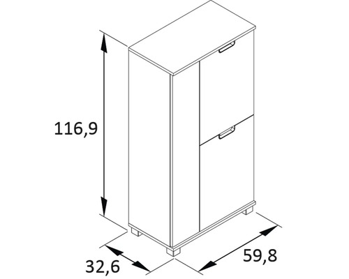 Technický nákres skrinky na topánky s rozmermi 116,9 x 59,8 x 32,6 cm.