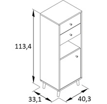 Technický výkres kúpeľňovej skrinky so zásuvkami, dvierkami a rozmermi