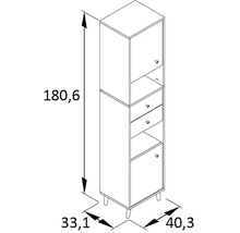 Technický nákres kúpeľňovej skrinky so zásuvkami a policami s rozmermi