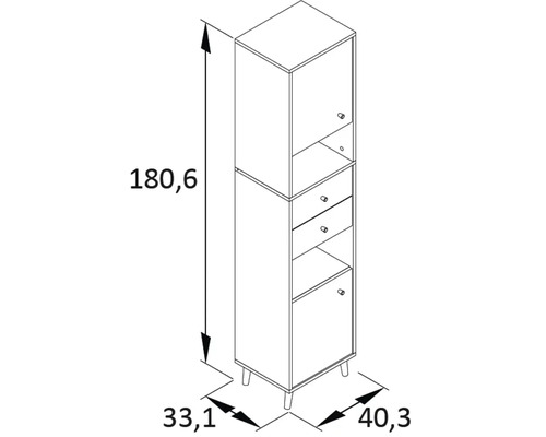 Technický nákres kúpeľňovej skrinky so zásuvkami a policami s rozmermi