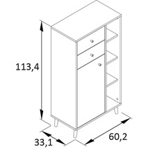 Technický nákres skrine so zásuvkami, dvierkami a policami, rozmery 113,4 x 60,2 x 33,1 cm