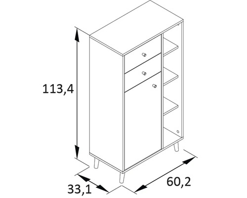 Technický nákres skrine so zásuvkami, dvierkami a policami, rozmery 113,4 x 60,2 x 33,1 cm