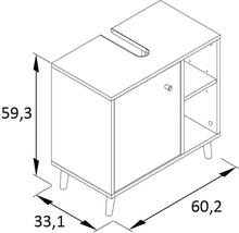 Technický nákres skrinky pod umývadlo s rozmermi.