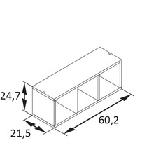 Technický nákres nástennej police s tromi priehradkami a rozmermi