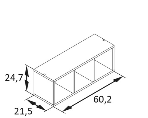 Technický nákres nástennej police s tromi priehradkami a rozmermi