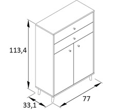 Nákres skrine s dvoma zásuvkami a dvoma dvierkami a rozmermi.